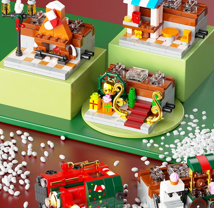 Christmas Tree Winter Elk Snowman Santa Claus Music Box Air Balloon Rotating Wreath LED Shining Gift Building Blocks Bricks